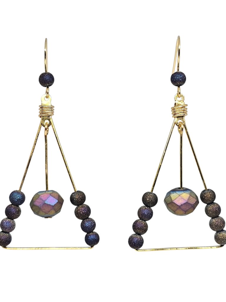 Handmade Peacock Iridescent Beaded Triangle Hoop Gold Boho Dangle Earrings